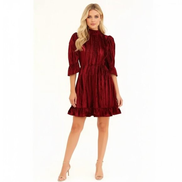 Batsheva Ruffled Plissé Cotton-Velvet Mini Dress 2 Red NEW - Picture 2 of 8